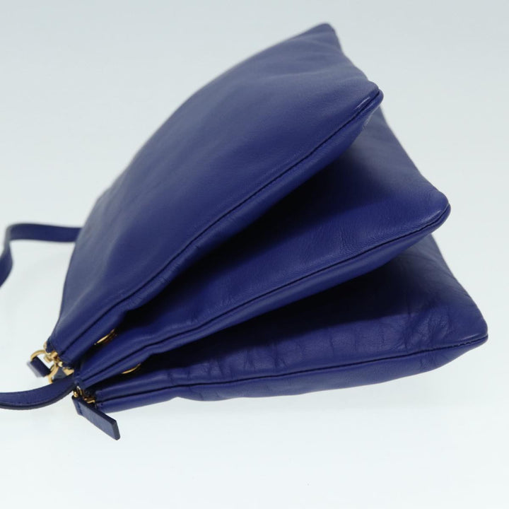 Celine Trio Shoulder Bag Leather Blue Gold Auth 89106