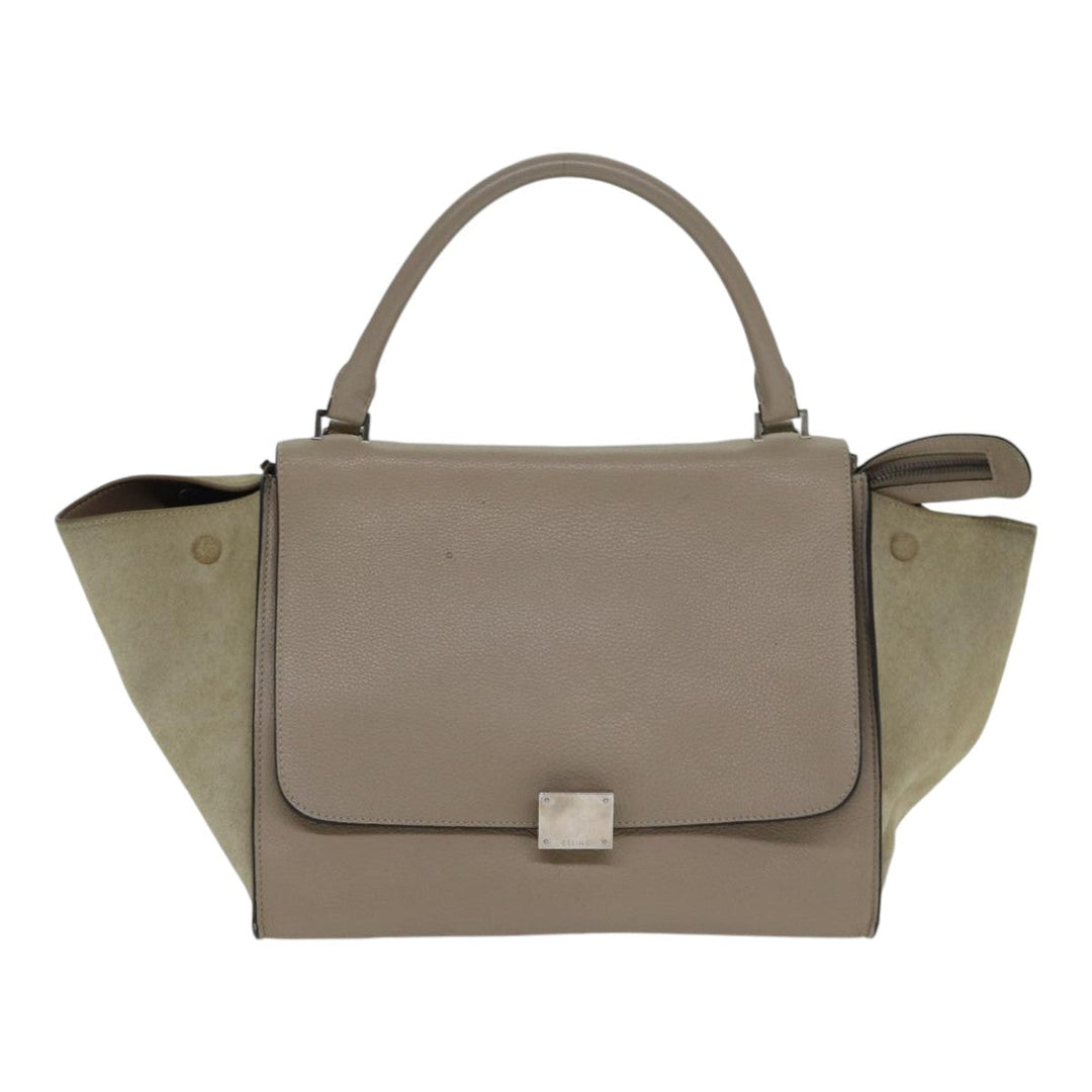 Celine Trapeze Hand Bag Suede Leather 2way Silver Beige Auth 89145