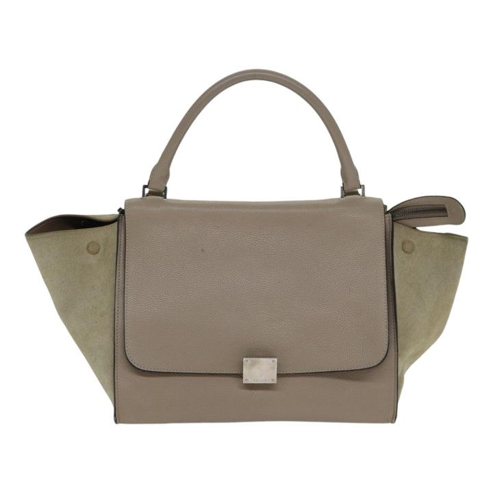 Celine Trapeze Hand Bag Suede Leather 2way Silver Beige Auth 89145