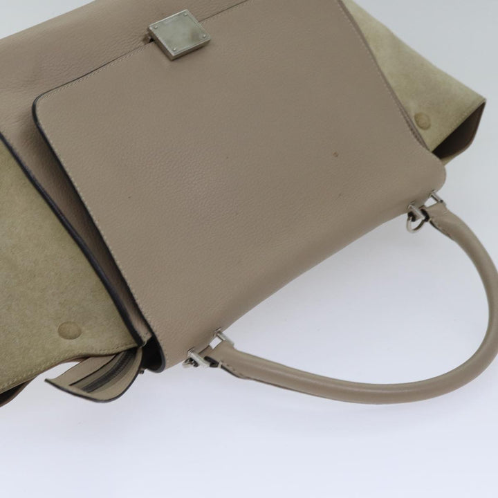 Celine Trapeze Hand Bag Suede Leather 2way Silver Beige Auth 89145