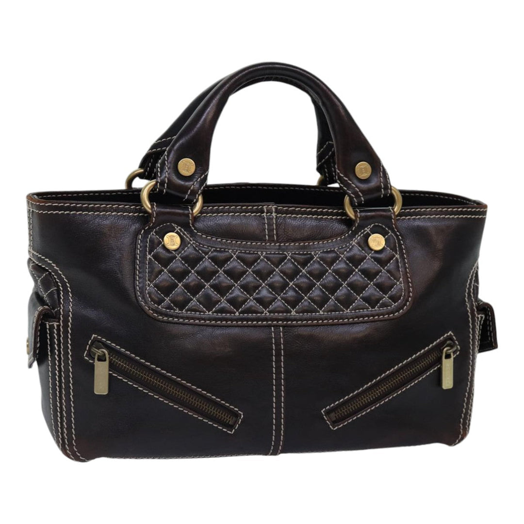 Celine Hand Bag Leather Brown Gold Auth 89146