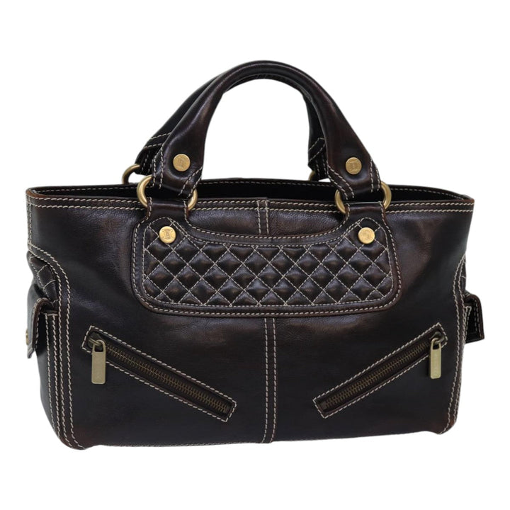 Celine Hand Bag Leather Brown Gold Auth 89146