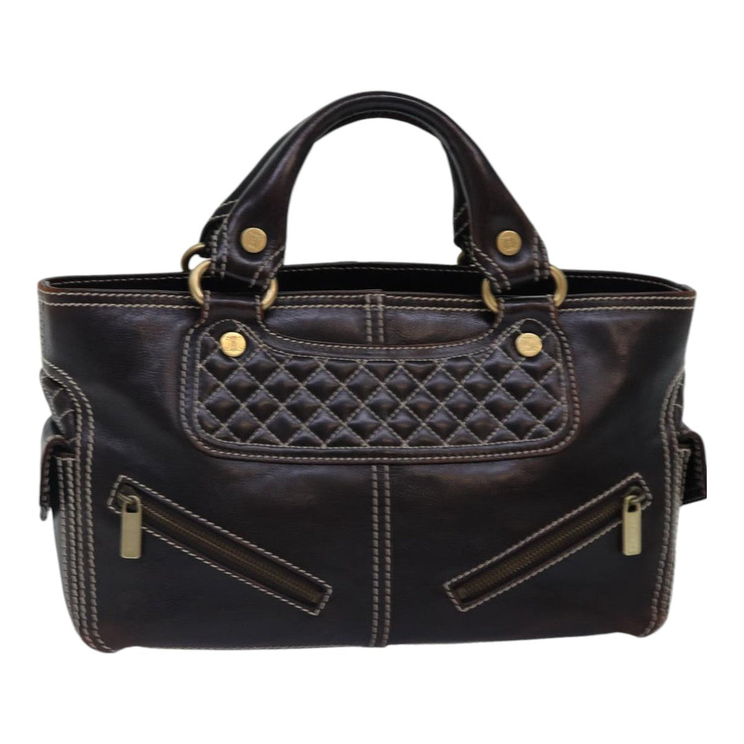 Celine Hand Bag Leather Brown Gold Auth 89146