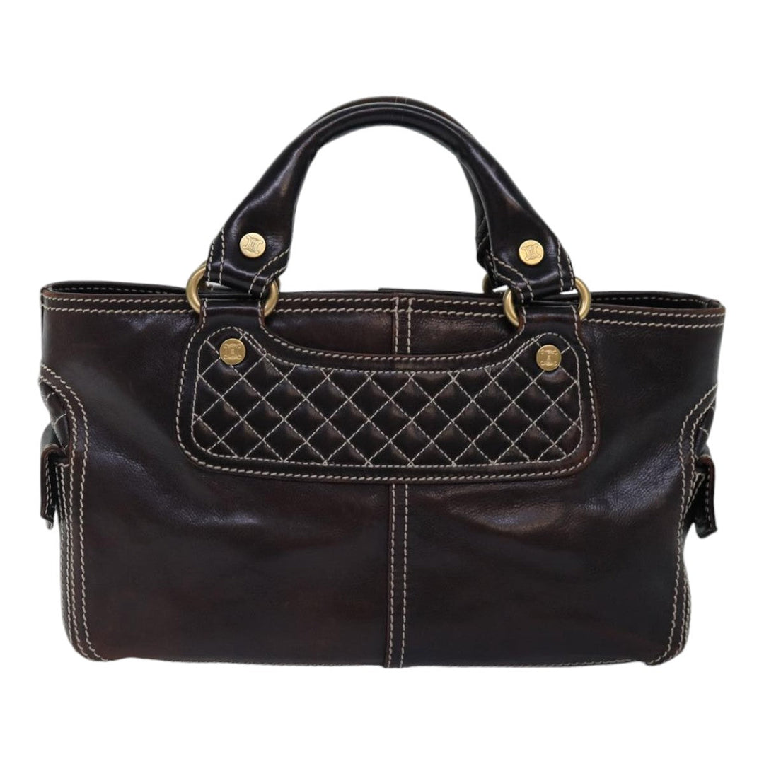 Celine Hand Bag Leather Brown Gold Auth 89146