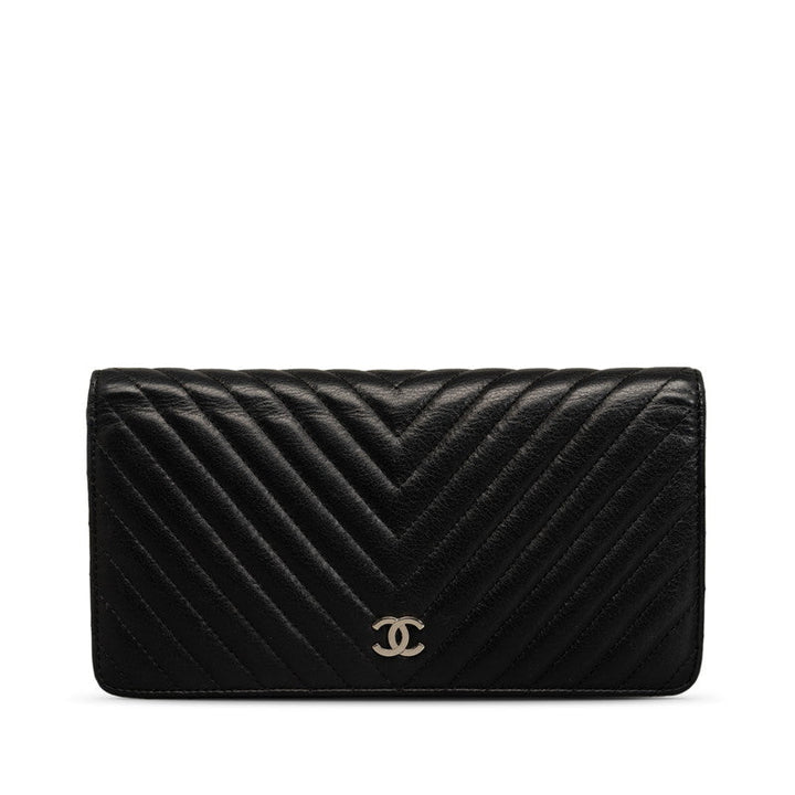 Top Quality Chanel Chevron Cocomark V titch Long Wallet Black Silver   CHANEL