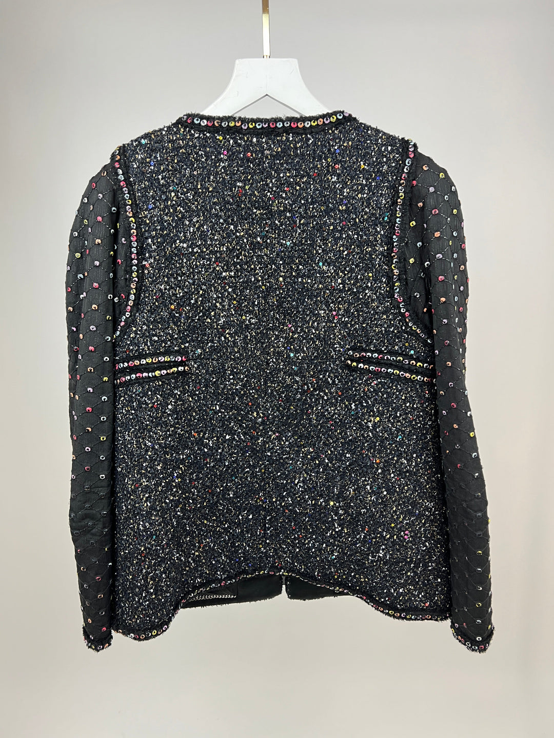 Top Quality Chanel  Fall 2017 Black Tweed Jacket with Multicoloured Sequin Details Size FR 42 (UK 14)