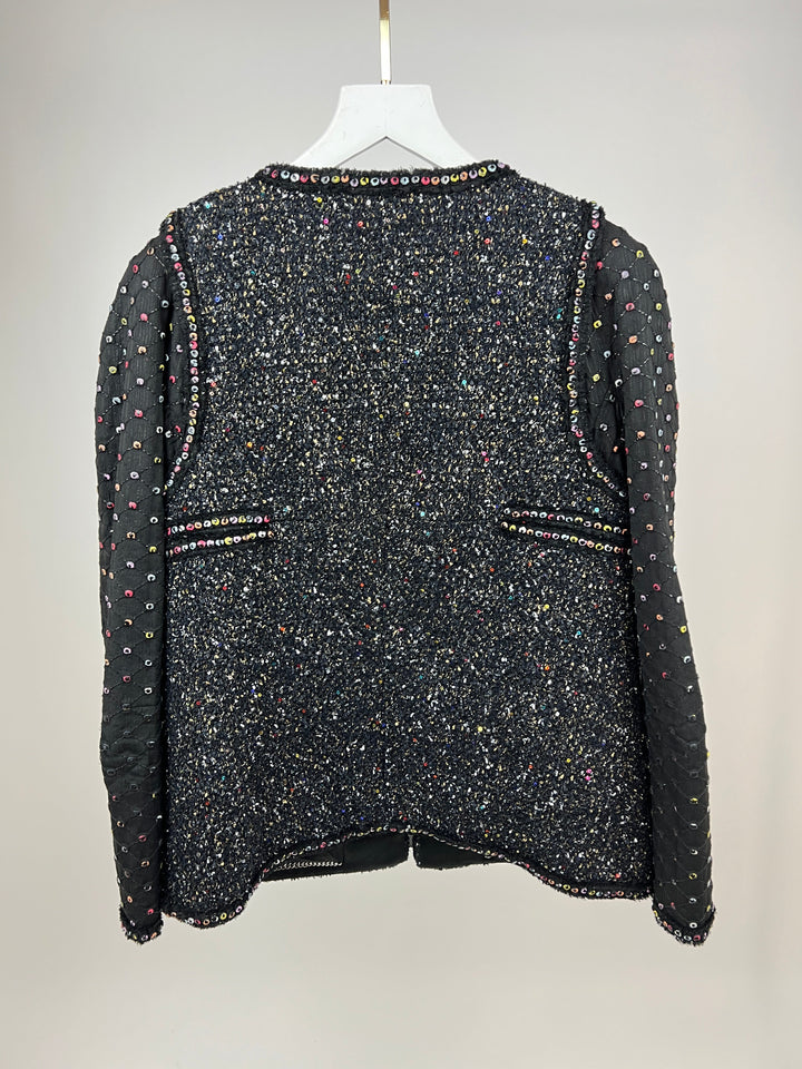 Top Quality Chanel  Fall 2017 Black Tweed Jacket with Multicoloured Sequin Details Size FR 42 (UK 14)