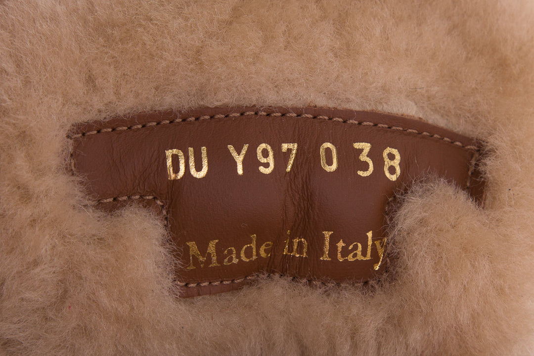 Valentino Chestnut Shearling Detail Logo Strap Boots SZ 38
