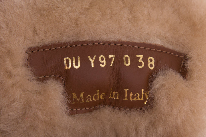 Valentino Chestnut Shearling Detail Logo Strap Boots SZ 38