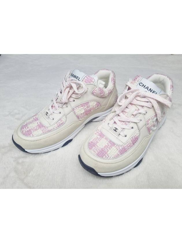 CC Logo Cotton Tweed Suede Calfskin Low Top Sneakers Pink Ecru Chanel