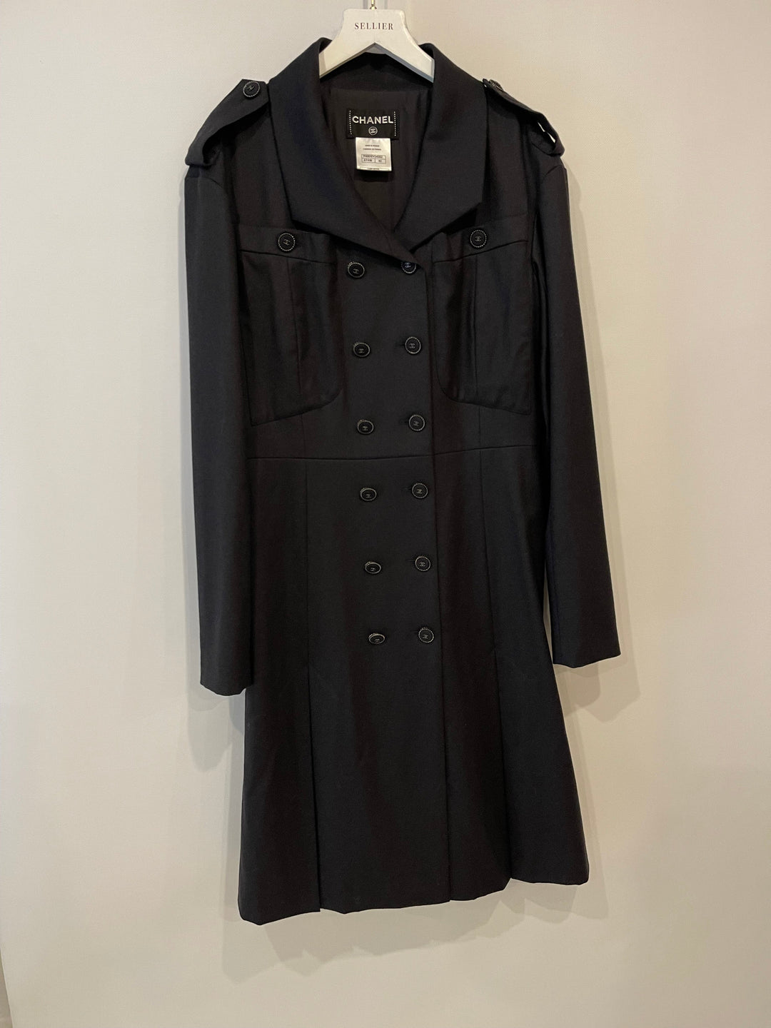 Top Quality Chanel Charcoal Wool Trench Coat with CC Logo Buttons Detailing Size FR 42 (UK 14)