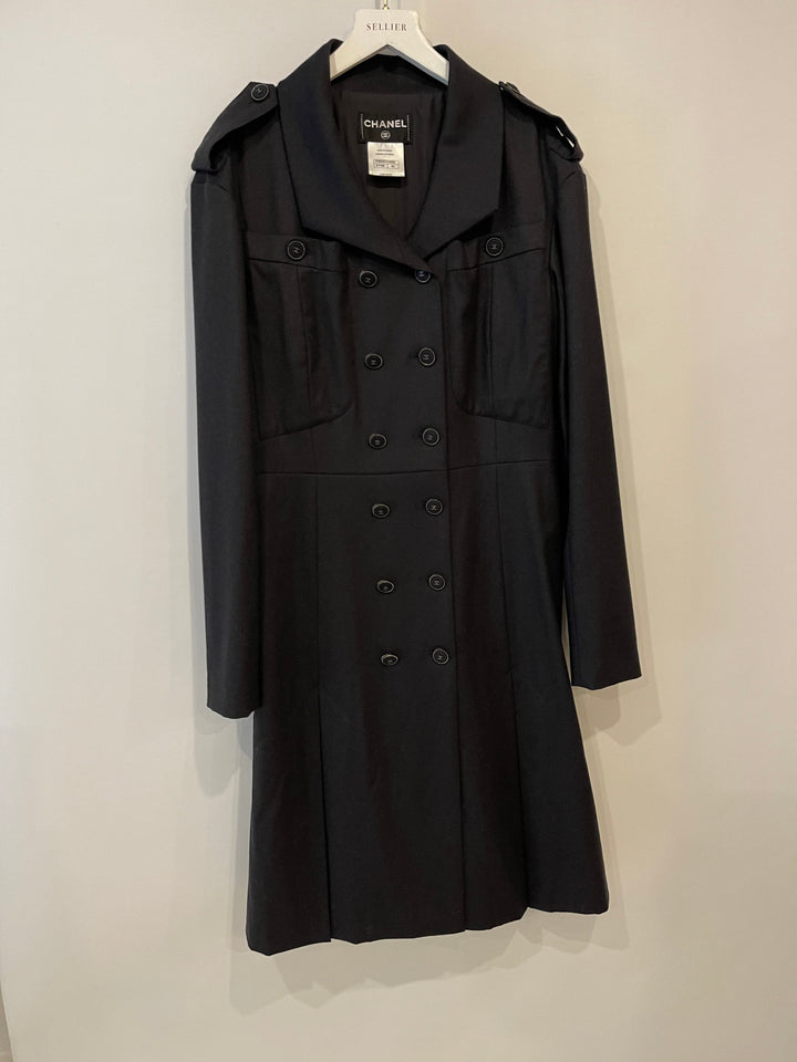Top Quality Chanel Charcoal Wool Trench Coat with CC Logo Buttons Detailing Size FR 42 (UK 14)