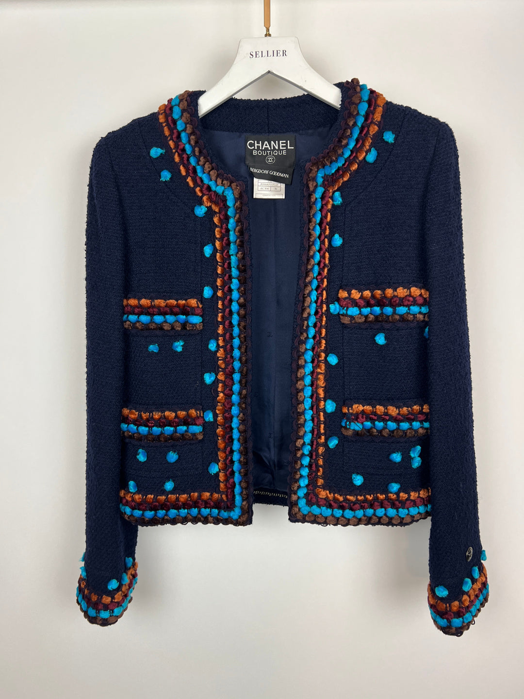 Top Quality Chanel for Bergdorf Newman AW/97 Navy Boucle Cropped Jacket with Matching Trousers Size FR 36 (UK 8)