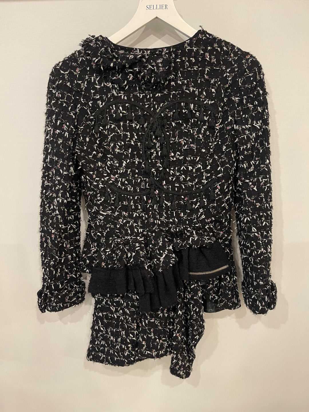 Top Quality Chanel Black Wool Multicolour Threads Ruffle Asymmetric Jacket with CC Logo Button Details Size FR 36 (UK 8)