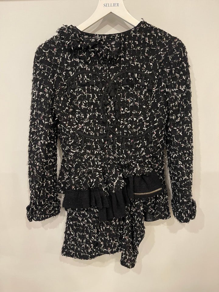Top Quality Chanel Black Wool Multicolour Threads Ruffle Asymmetric Jacket with CC Logo Button Details Size FR 36 (UK 8)
