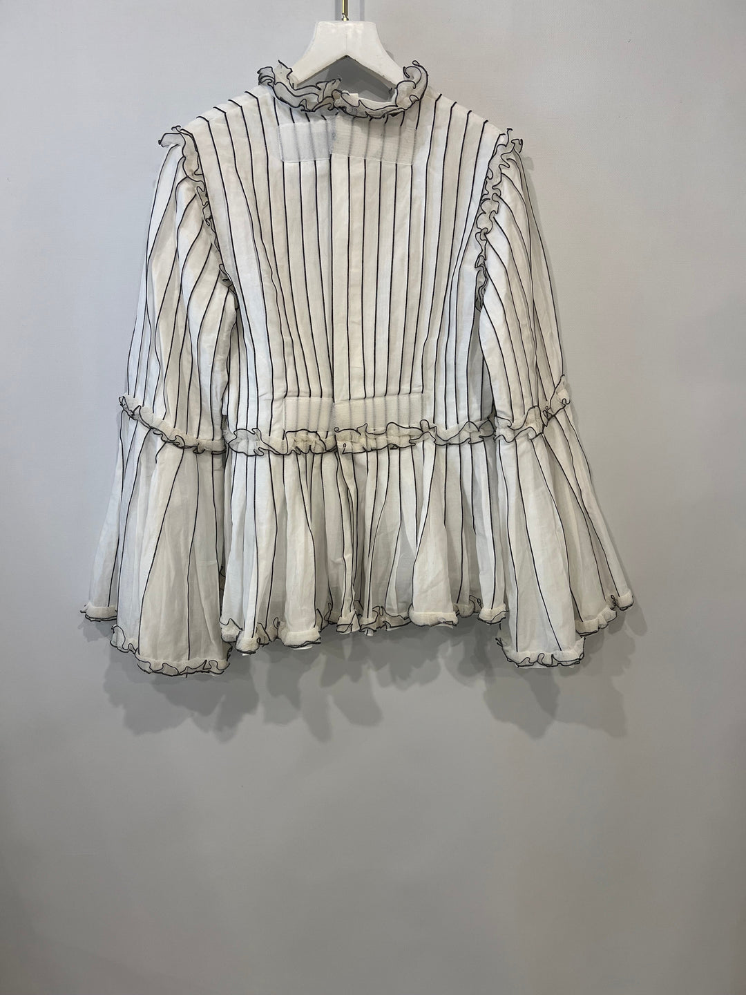 Top Quality Chanel Spring 2017 White Silk Striped Ruffle Long-Sleeve Top  Velcro Back Detail Size FR 36 (UK 8)