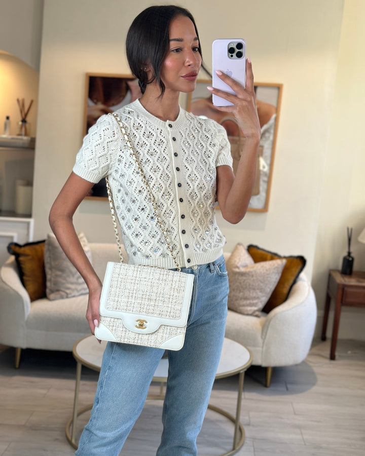 Top Quality Chanel Small White Tweed and Aged Calfskin Flap Bag with Brushed Gold Hardware