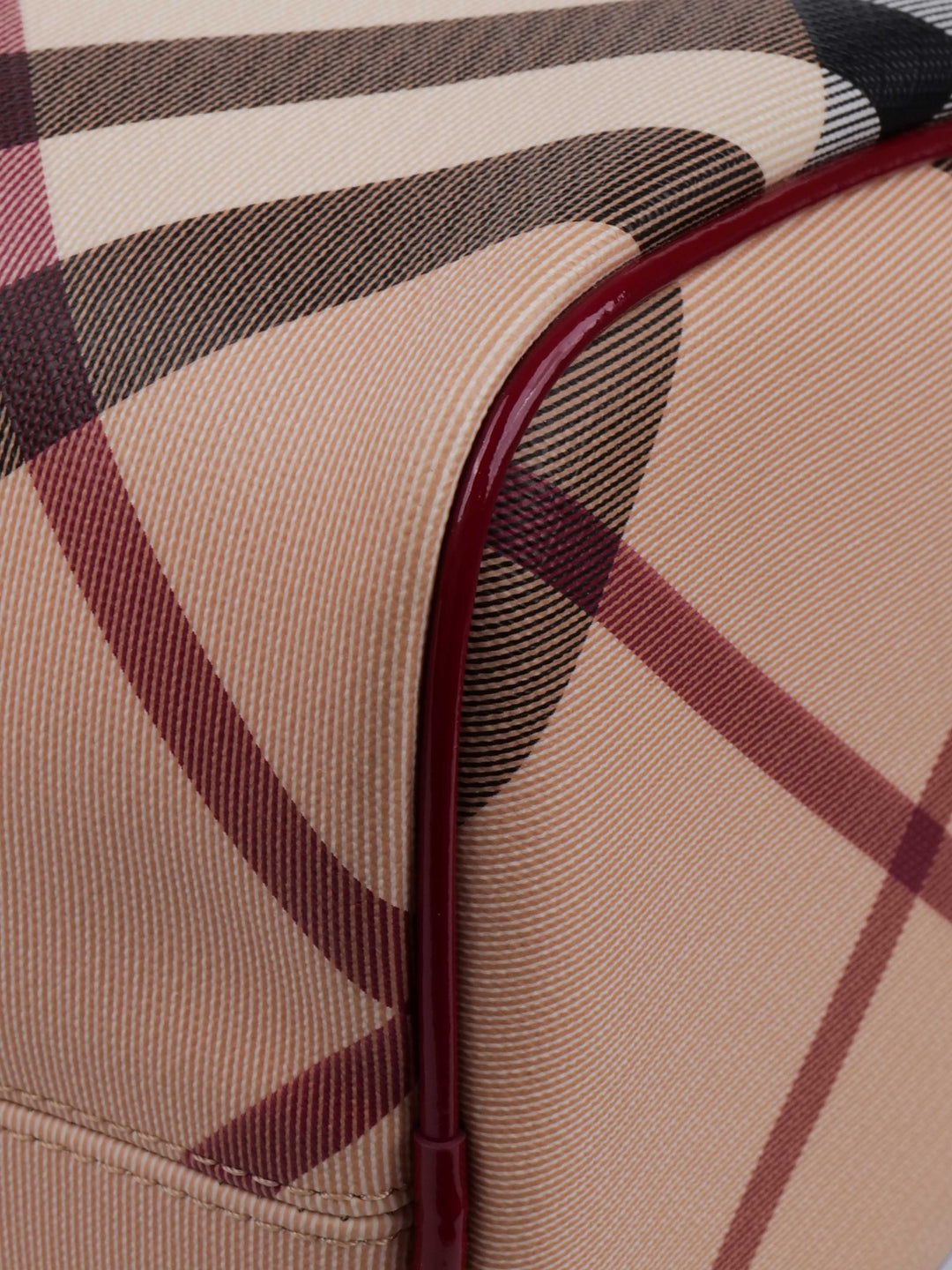Burberry Haymarket Boston Bag with Dark Red Patent Trim.