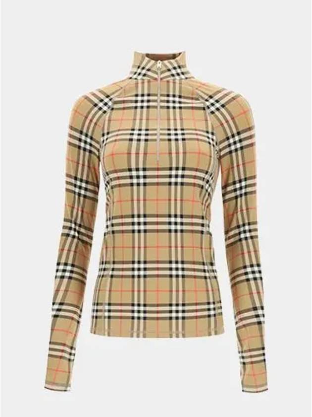 Burberry WoMen's Check Stretch Jersey Half Zip Up Long Sleeve T-Shirt Beige