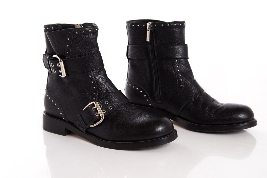 Jimmy Choo Black Leather & Silver Studded Boots SZ 37