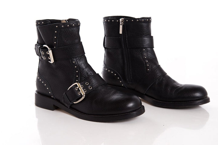 Jimmy Choo Black Leather & Silver Studded Boots SZ 37