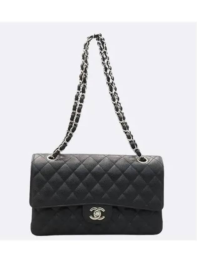 A01112 Black Caviar Skin Classic Medium Silver Chain Flap Shoulder Bag Chanel