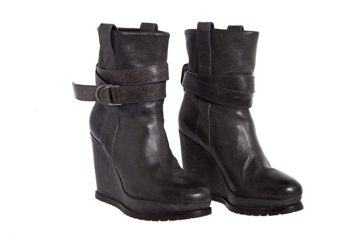 Brunello Cucinelli Grey Leather Platform Wedge Boots SZ 39