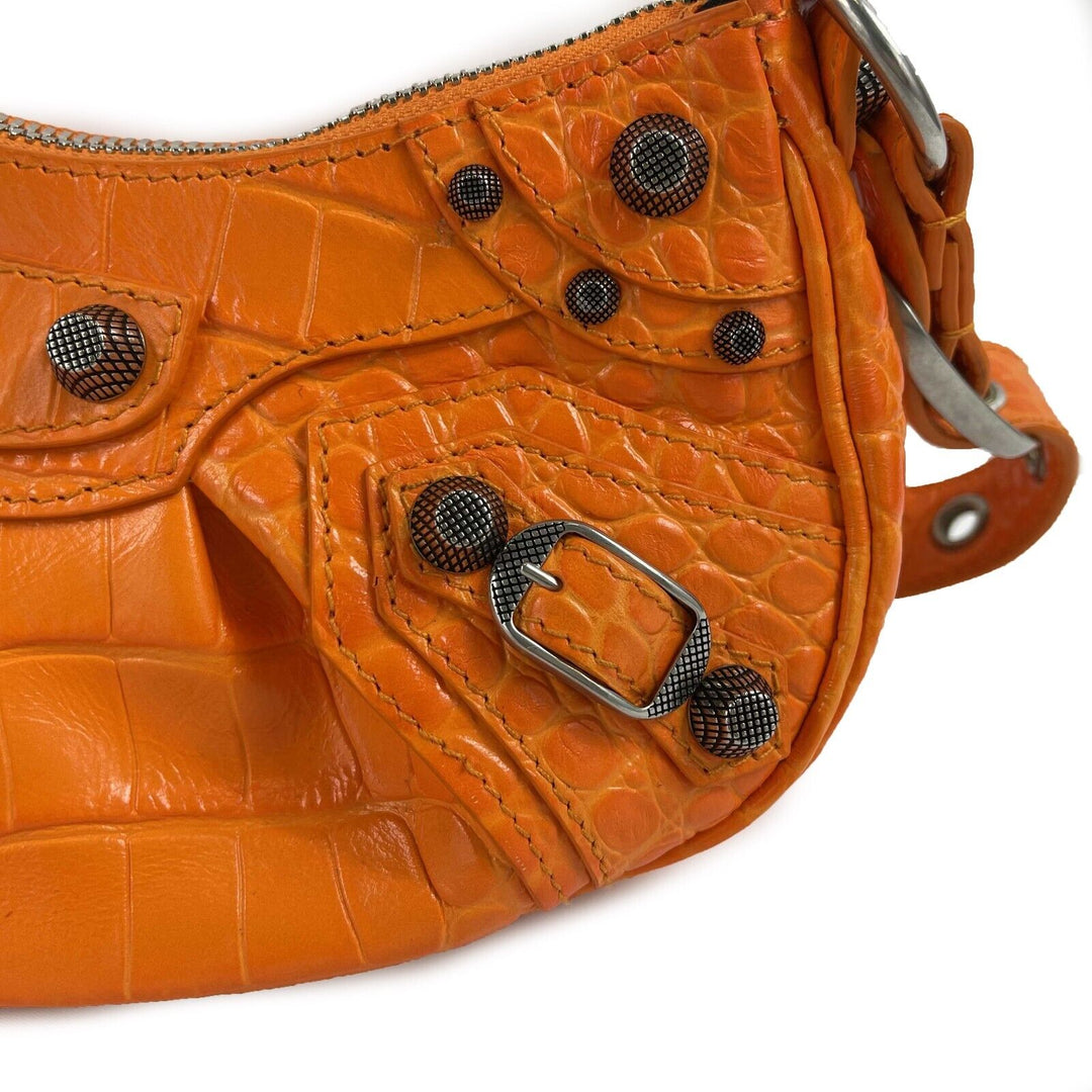 balenciaga Orange Le Cagole XS Shoulder Bag Crocodile Embossed Studded Crossbody