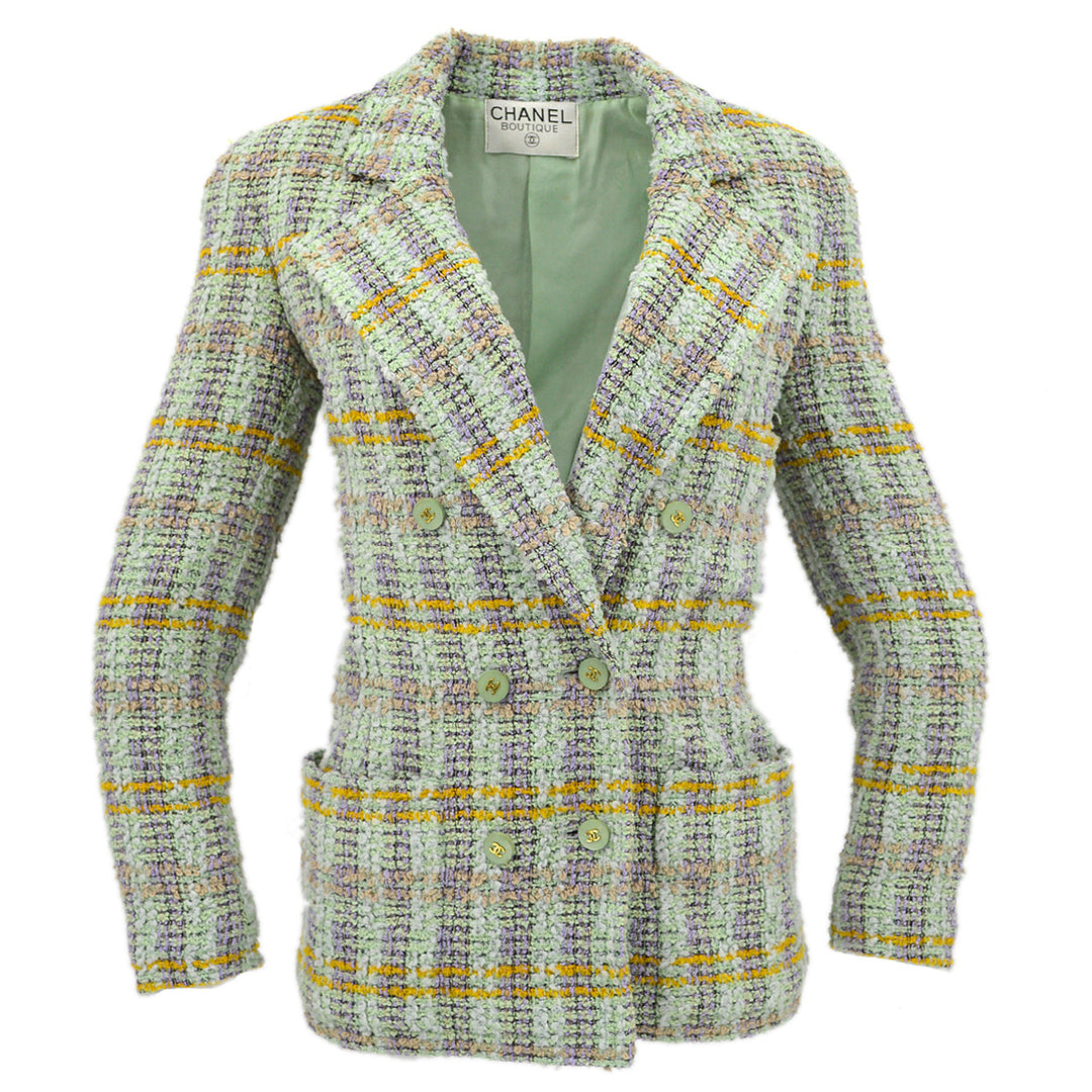 Top Quality Chanel Double Breasted Jacket Green Tweed