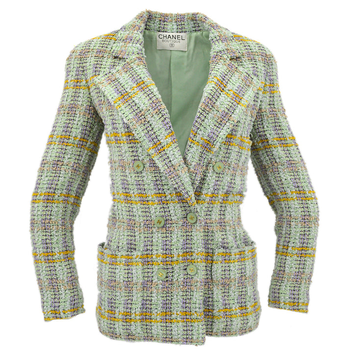 Top Quality Chanel Double Breasted Jacket Green Tweed
