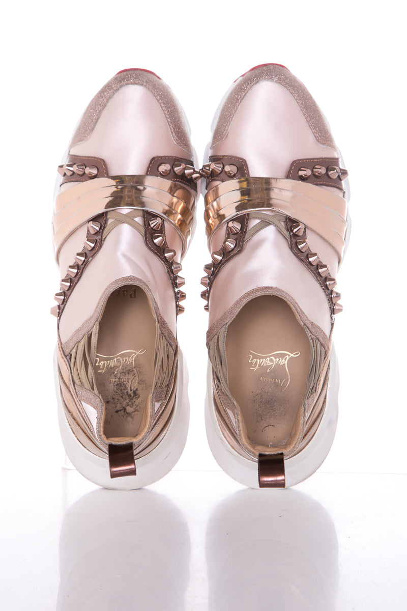 Christian Louboutin Rose Gold Glitter/ Studded Cortis Sneakers SZ 37.5