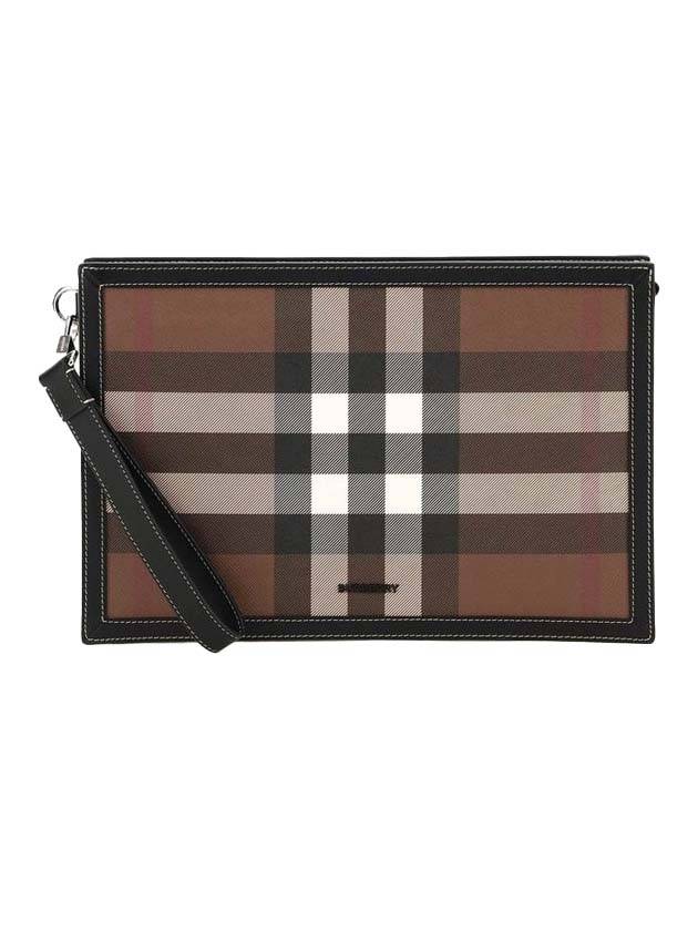 Burberry Check Leather Zipper Clutch Bag Brown