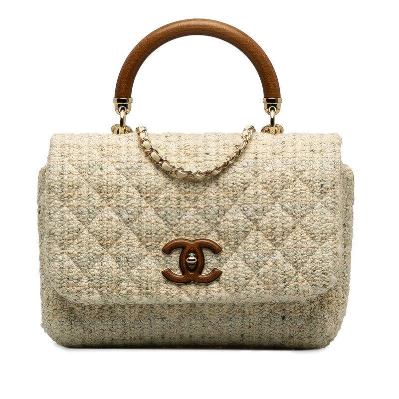 Top Quality Chanel Coco Top Handle Chain Shoulder Bag White Multicolor Tweed Bamboo