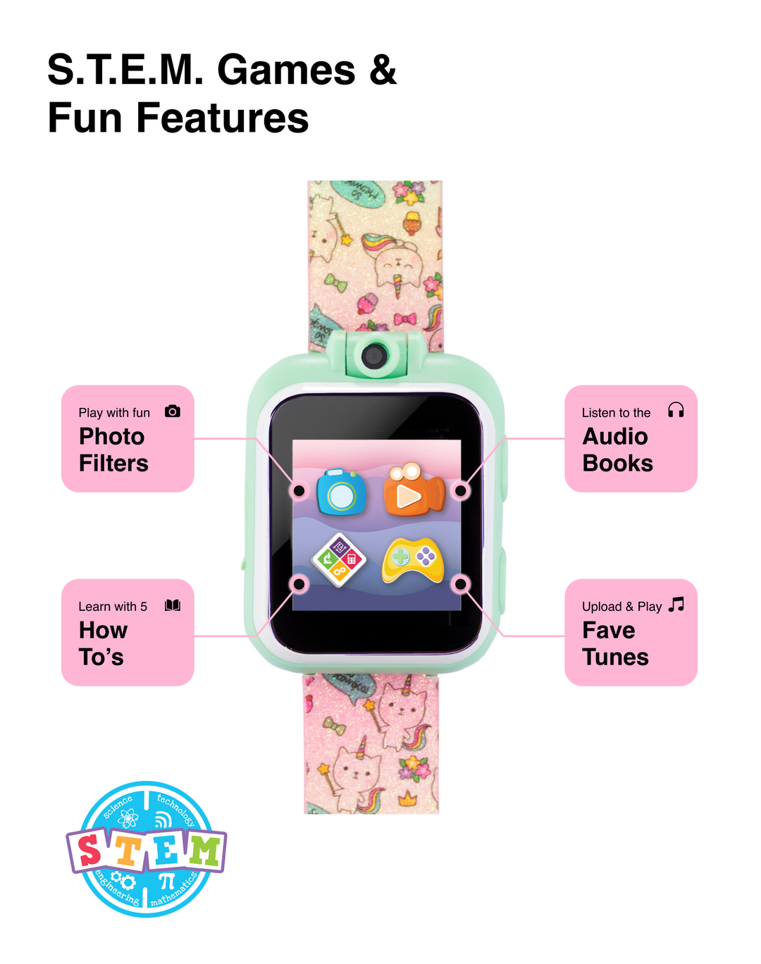 PlayZoom 2 Kids Smartwatch: Tie Dye Unicorn Cats and Ice Cream Print