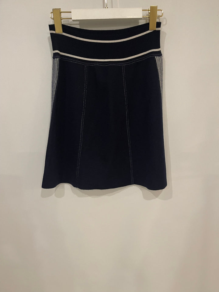 *HOT* Chanel Airline Collection Navy Cashmere Jumper and Mini Skirt Set with Silver Logo Airplane Appliqu√©s Size FR 38 (UK 10)