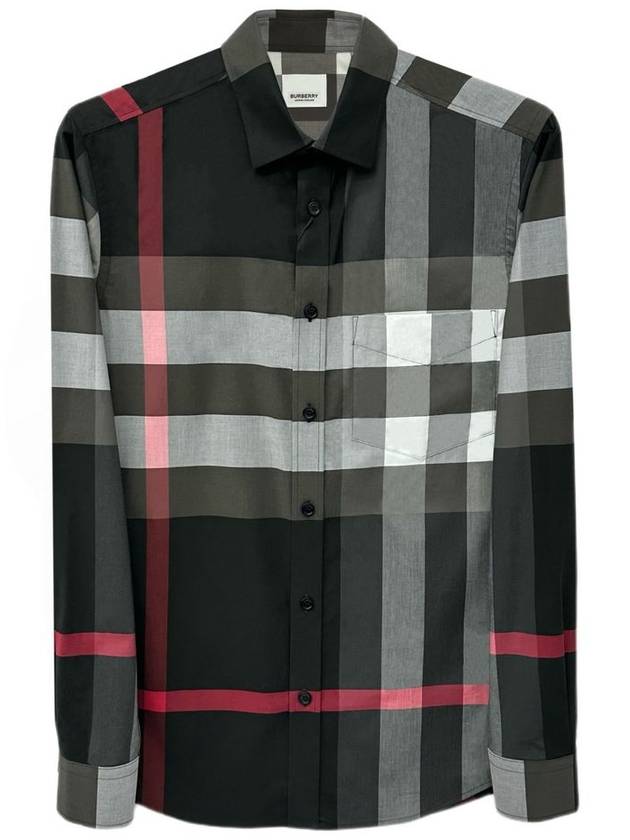 Burberry Men's Checked Stretch Cotton Poplin Long Sleeve Shirt Charcoal