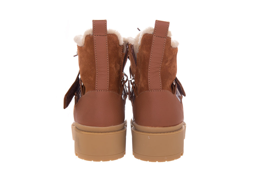 Valentino Chestnut Shearling Detail Logo Strap Boots SZ 38