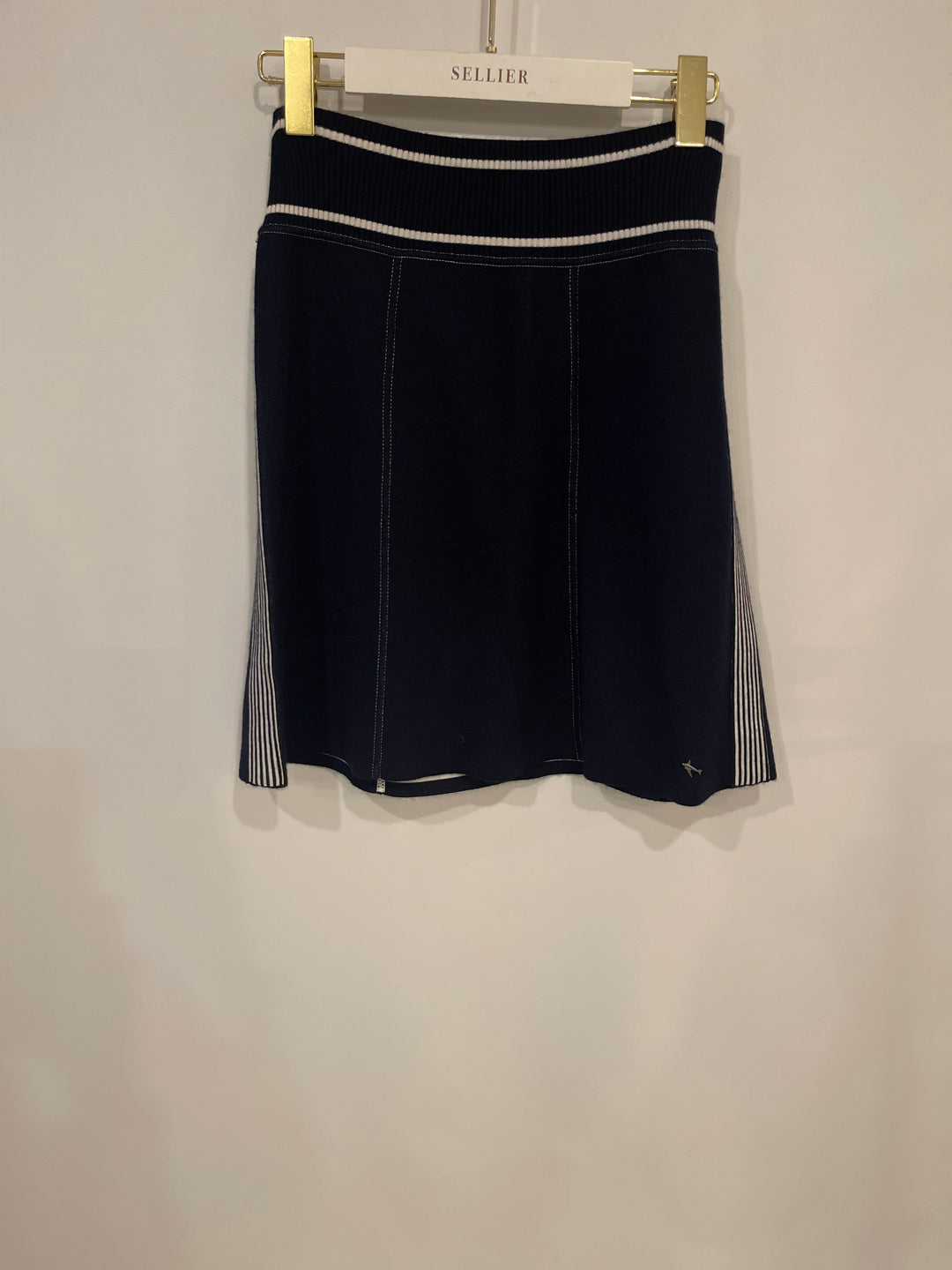 *HOT* Chanel Airline Collection Navy Cashmere Jumper and Mini Skirt Set with Silver Logo Airplane Appliqu√©s Size FR 38 (UK 10)