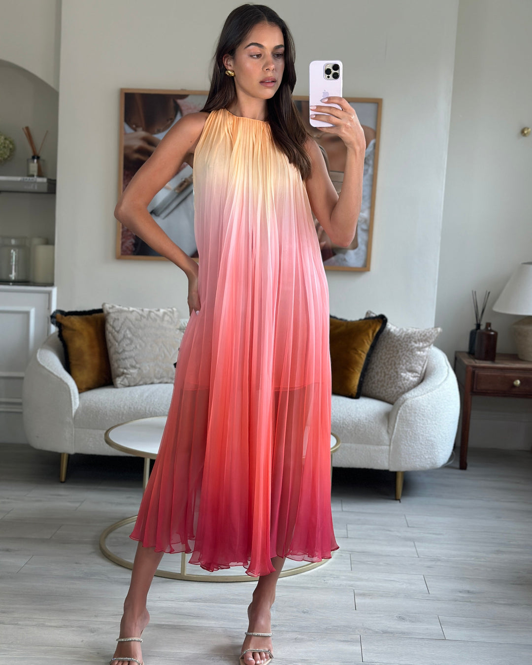 Top Quality Chanel 20A Ombre Pink, Peach and Orange Silk Pleated Sleeveless Midi Dress Size FR 34 (UK 6) RRP ¬£5,500