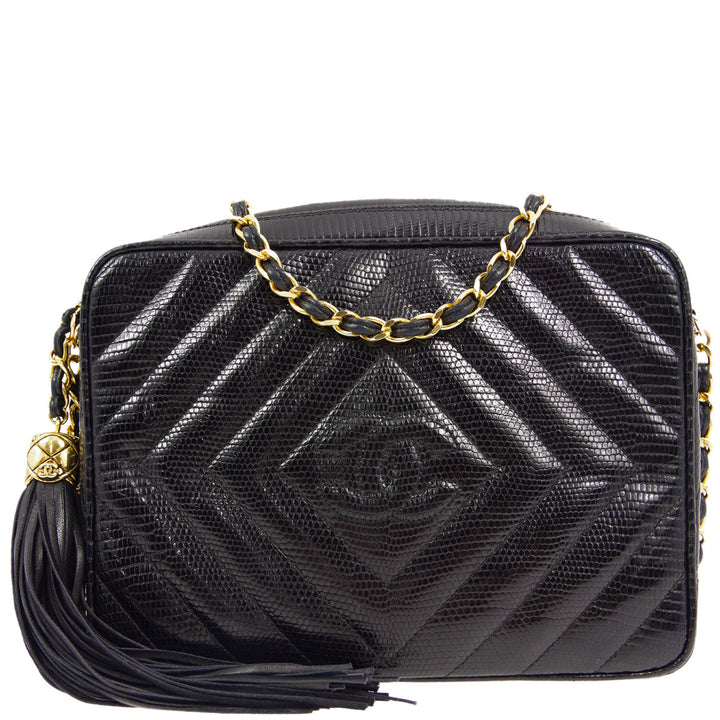 Top Quality Chanel * 1989-1991 Black Lizard Camera Bag Small Shoulder Bag
