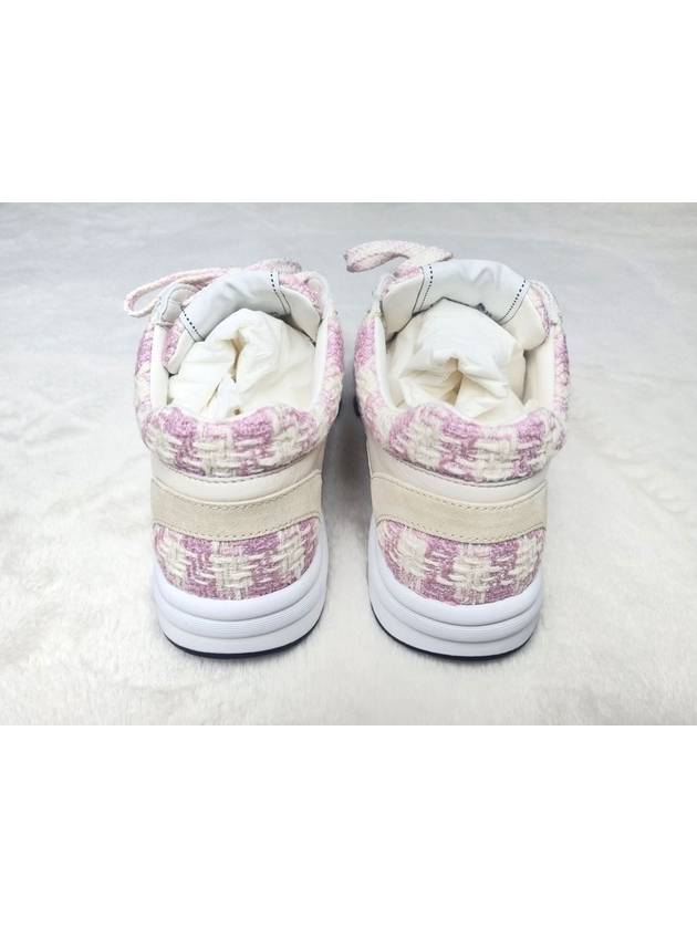 CC Logo Cotton Tweed Suede Calfskin Low Top Sneakers Pink Ecru Chanel