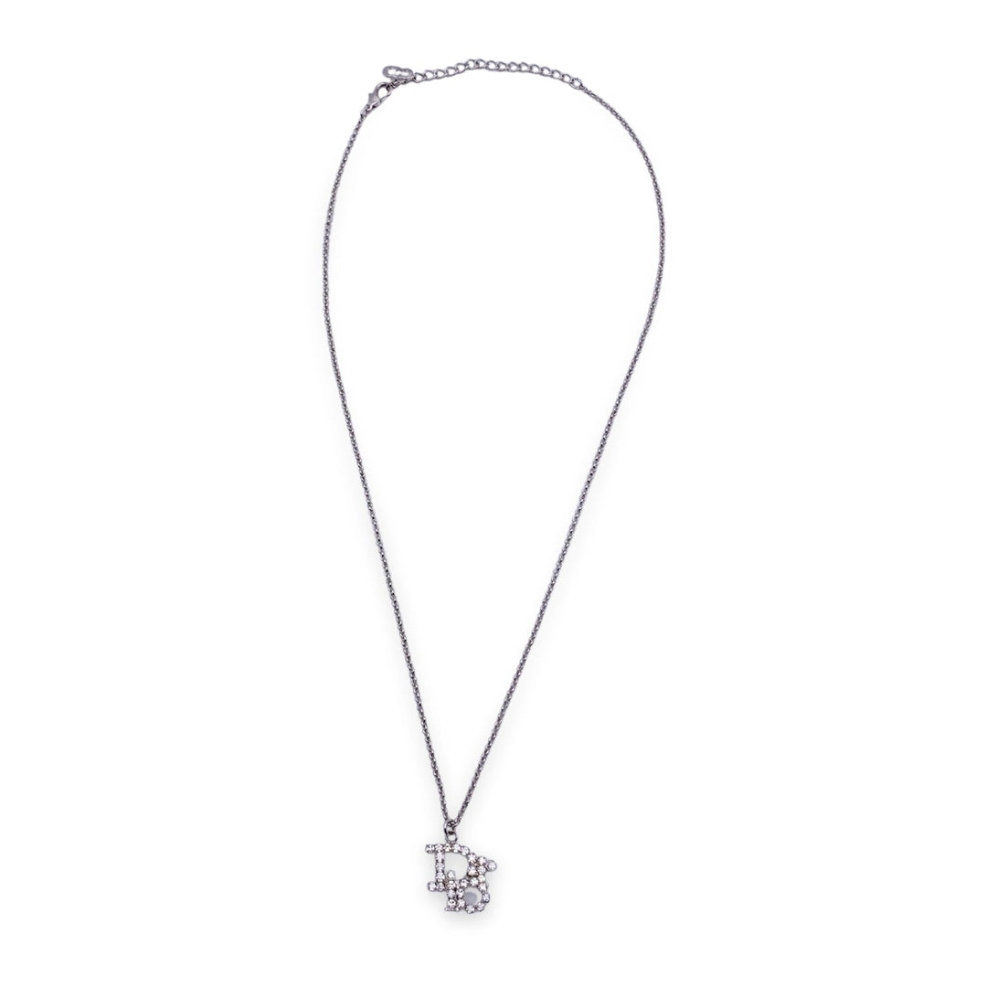 CHRISTIAN Top quality Dior Silver Metal Crystals Oblique Logo Necklace