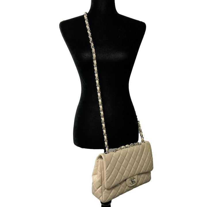 Chanel - Jumbo Lambskin Quilted Single New - Beige / Silver Shoulder Bag