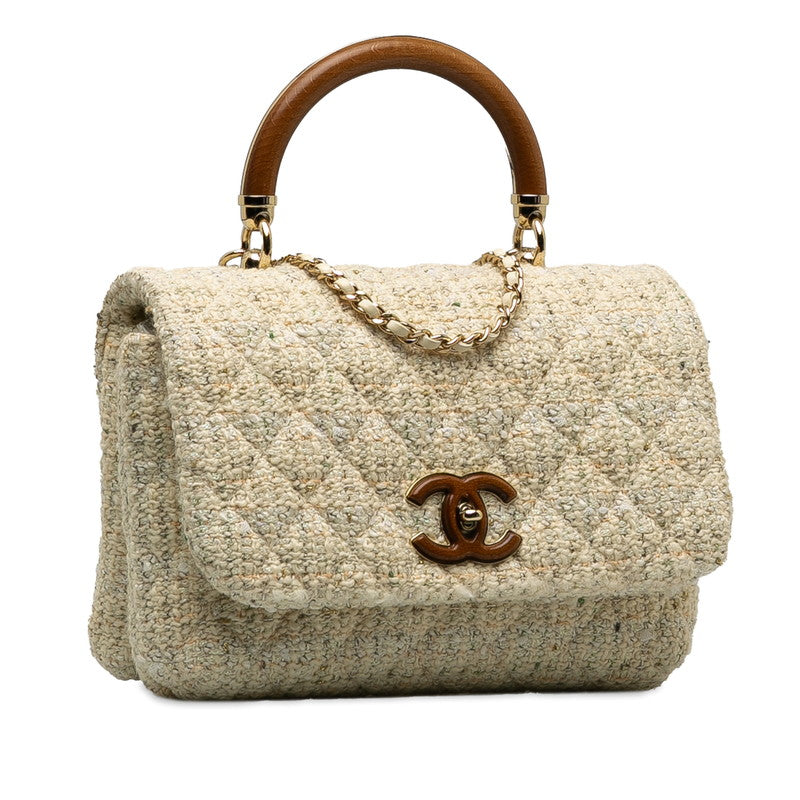 Top Quality Chanel Coco Top Handle Chain Shoulder Bag White Multicolor Tweed Bamboo