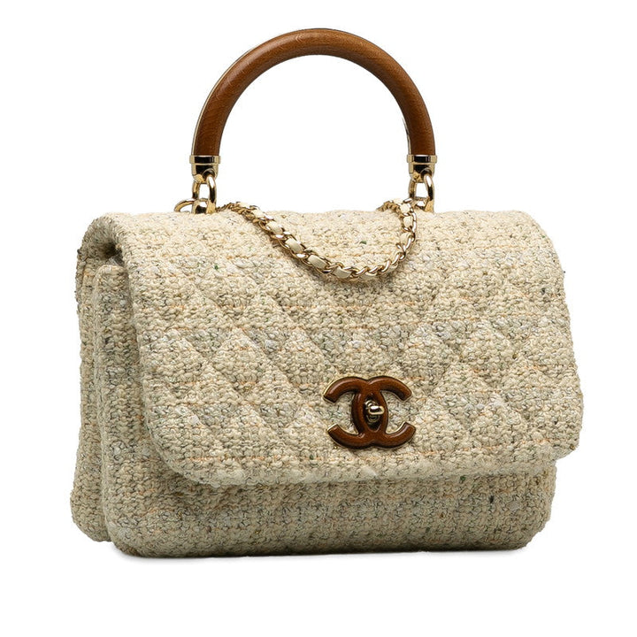 Top Quality Chanel Coco Top Handle Chain Shoulder Bag White Multicolor Tweed Bamboo