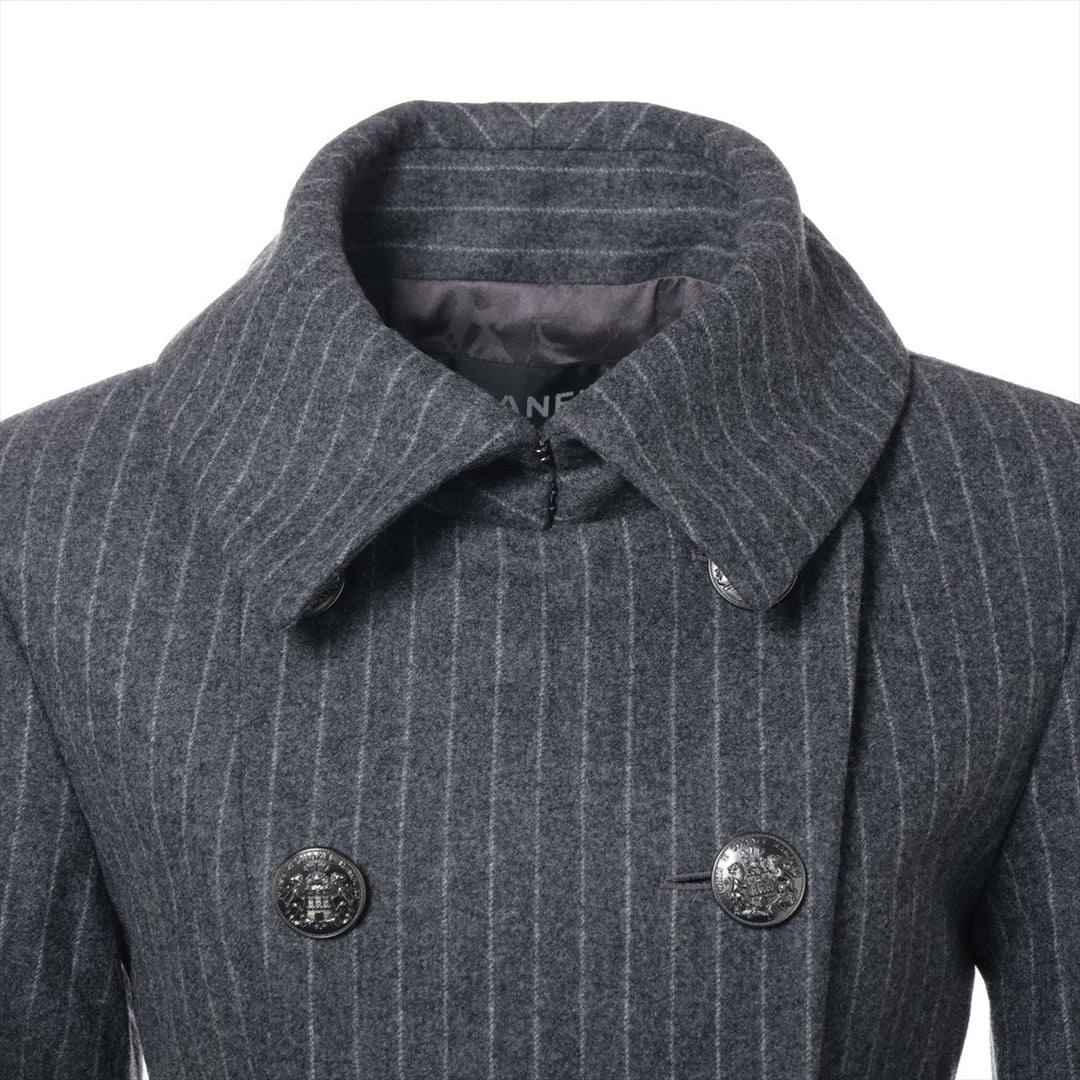 Top Quality Chanel Coconut Button Wool  Silk Long Coat 34  Grey P59015 Strip