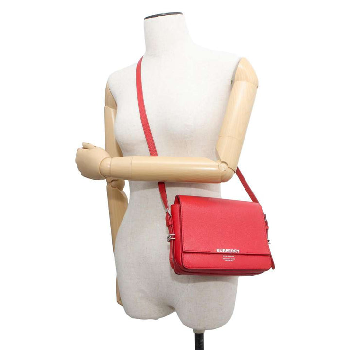 BURBERRY Logo Flap Shoulder Bag Red Leather