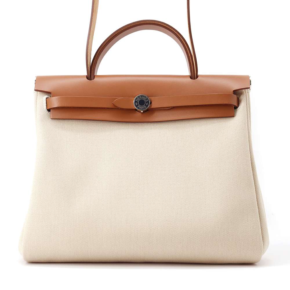 HERMES Herbag zip Beige/Natural Sable Toile Military Vache Hunter Leather Size PM