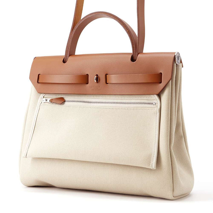HERMES Herbag zip Beige/Natural Sable Toile Military Vache Hunter Leather Size PM