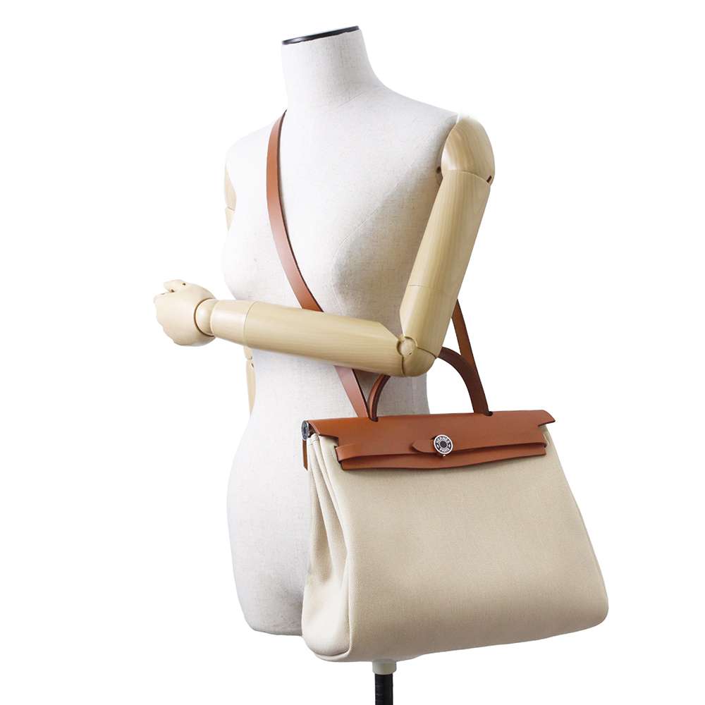 HERMES Herbag zip Beige/Natural Sable Toile Military Vache Hunter Leather Size PM